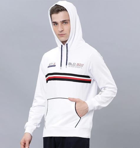 Men White Printed Hooded Sweatshirt